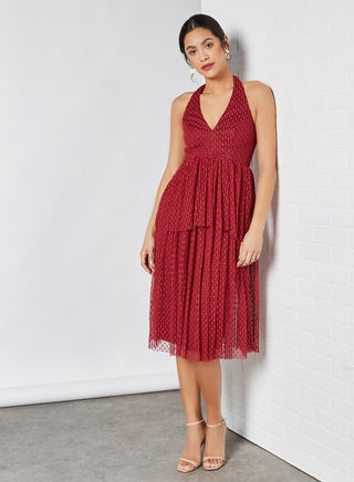 Mesh Overlay Dress Burgundy