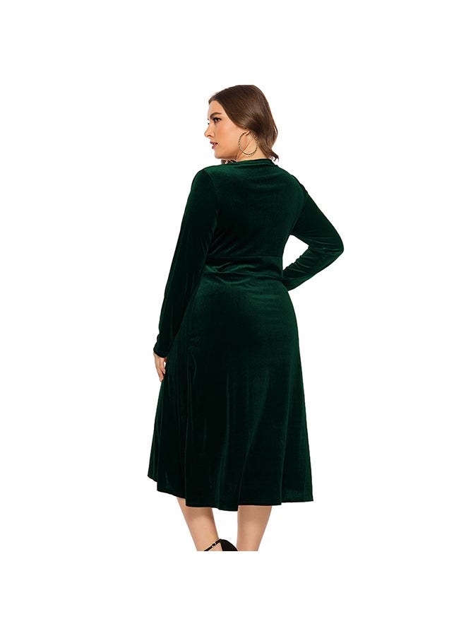 Women Plus Size Dress Velvet Crossover V Neck High Waist Drape Long Sleeve Midi Elegant One-Piece Army green