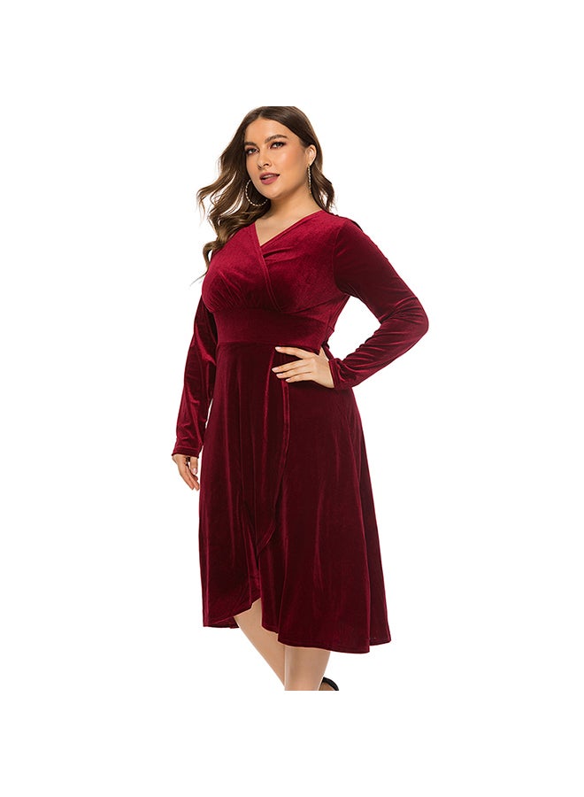 Women Plus Size Dress Velvet Crossover V Neck Red