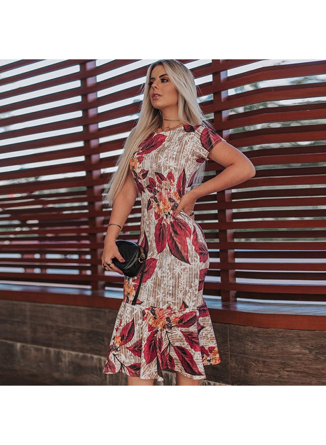 Women Ruffles Dress Floral Contrast Color Block Print Short Sleeves Mermaid Vintage Casual Midi Dress Multicolour - Image 2