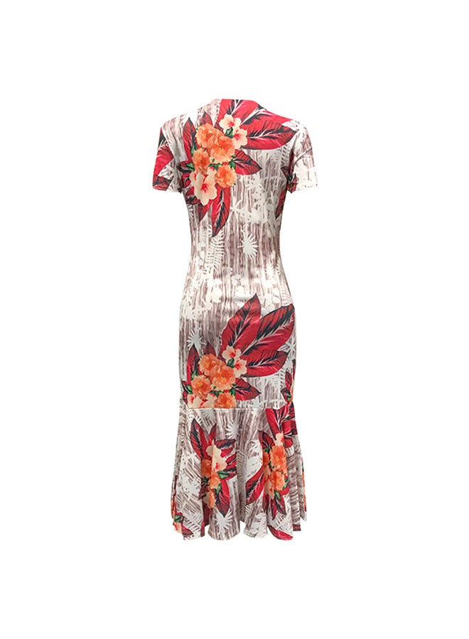 Women Ruffles Dress Floral Contrast Color Block Print Short Sleeves Mermaid Vintage Casual Midi Dress Multicolour - Image 1