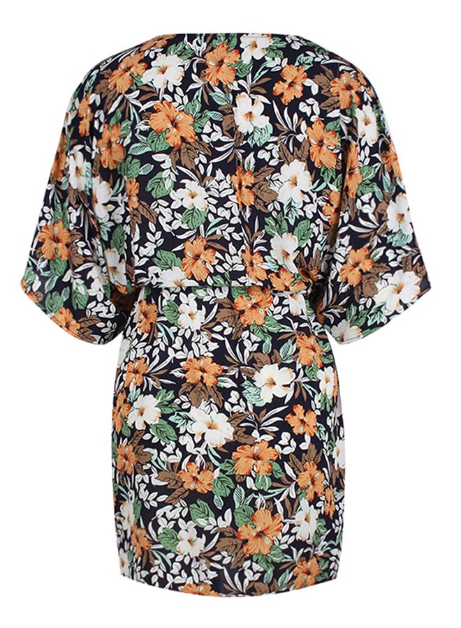 Half Sleeve Floral Print Self-tie Bandage Elastic Waist Party Mini Dress Dark blue - Image 2