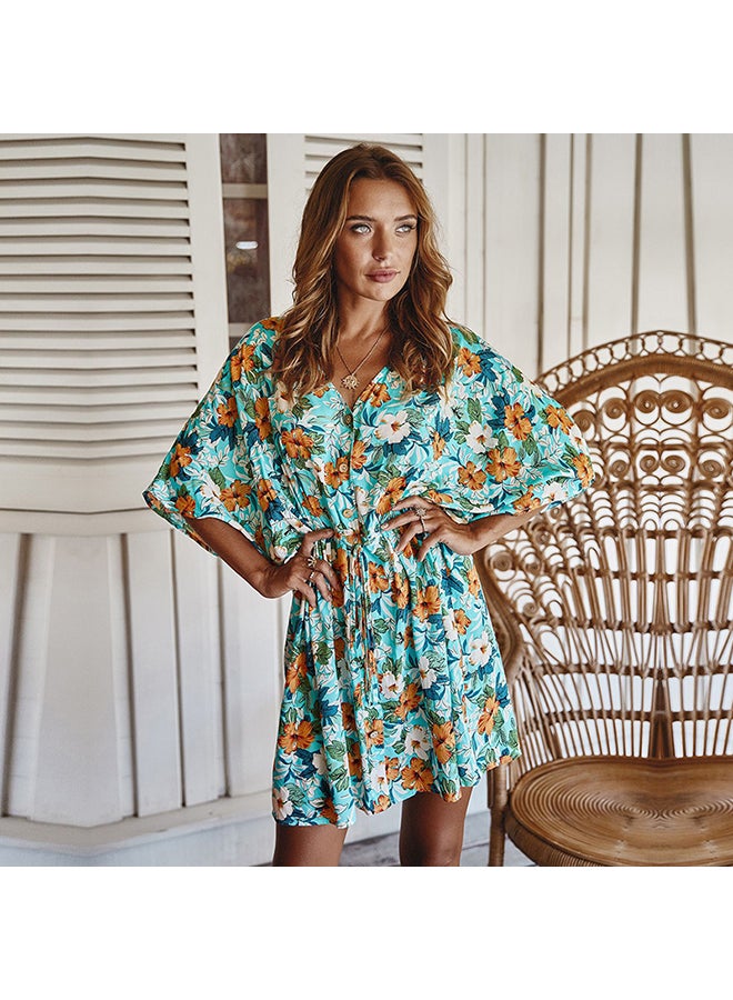 Half Sleeve Floral Print Self-tie Bandage Elastic Waist Party Mini Dress Multicolour - Image 1