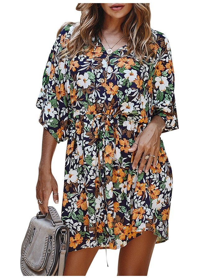 Half Sleeve Floral Print Self-tie Bandage Elastic Waist Party Mini Dress Dark blue - Image 1