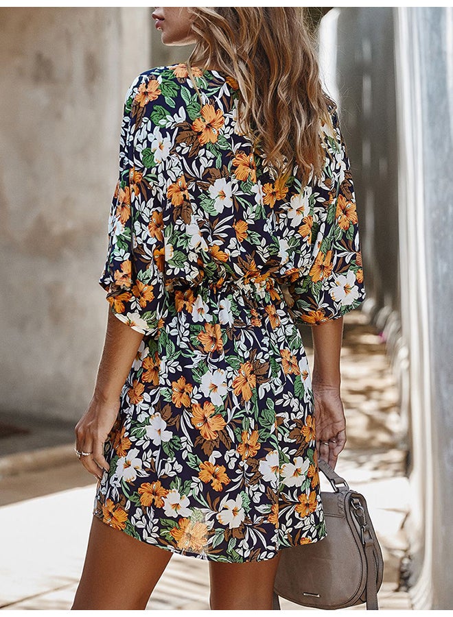Half Sleeve Floral Print Self-tie Bandage Elastic Waist Party Mini Dress Dark blue - Image 3