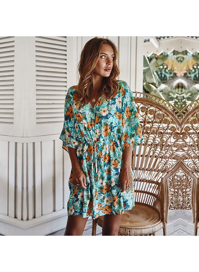 Half Sleeve Floral Print Self-tie Bandage Elastic Waist Party Mini Dress Multicolour - Image 2