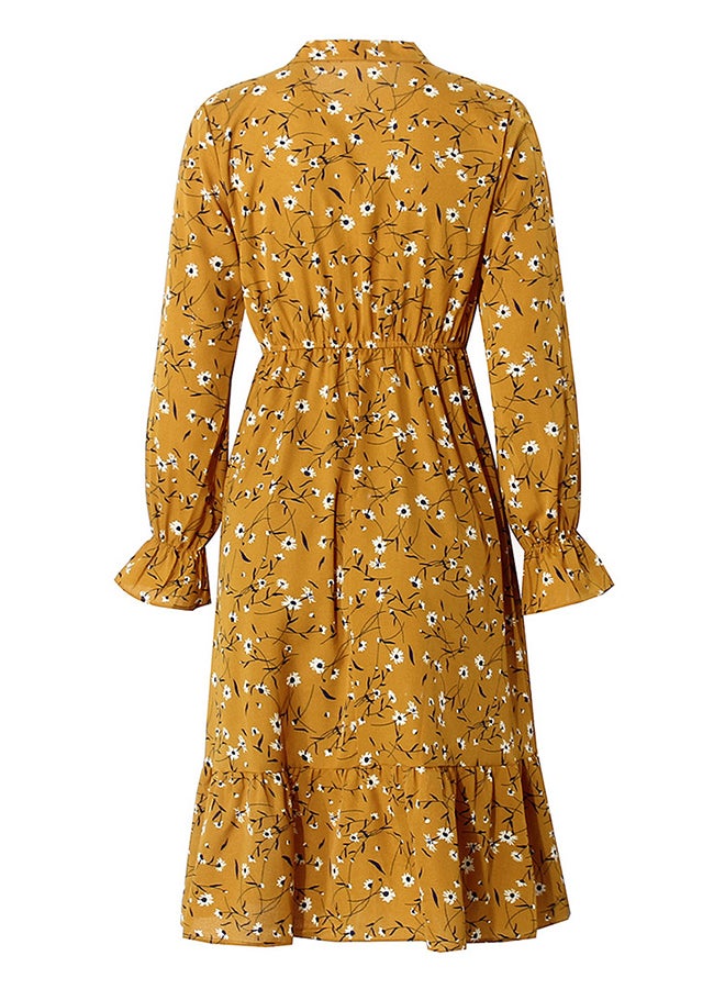 Fashion Women Chiffon Dress Floral Print Yellow - Image 2