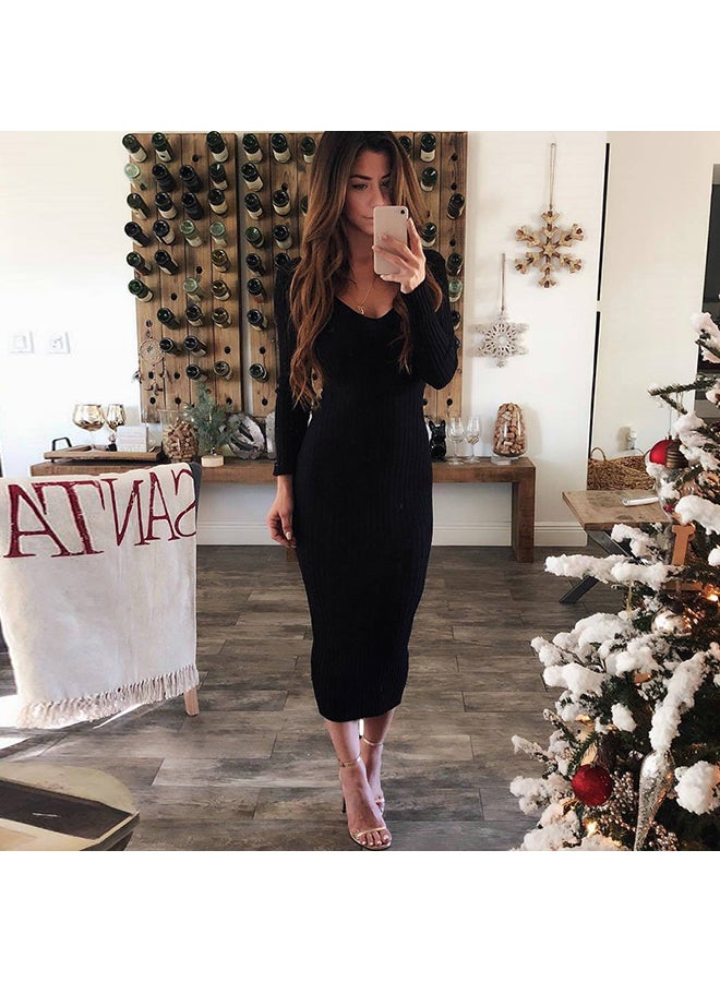 Women Winter Vintage Knitted Dress Black