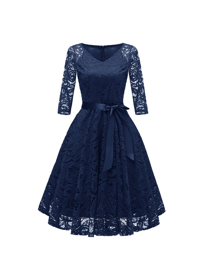 Crochet Lace Pleated Dress Dark Blue - Image 1