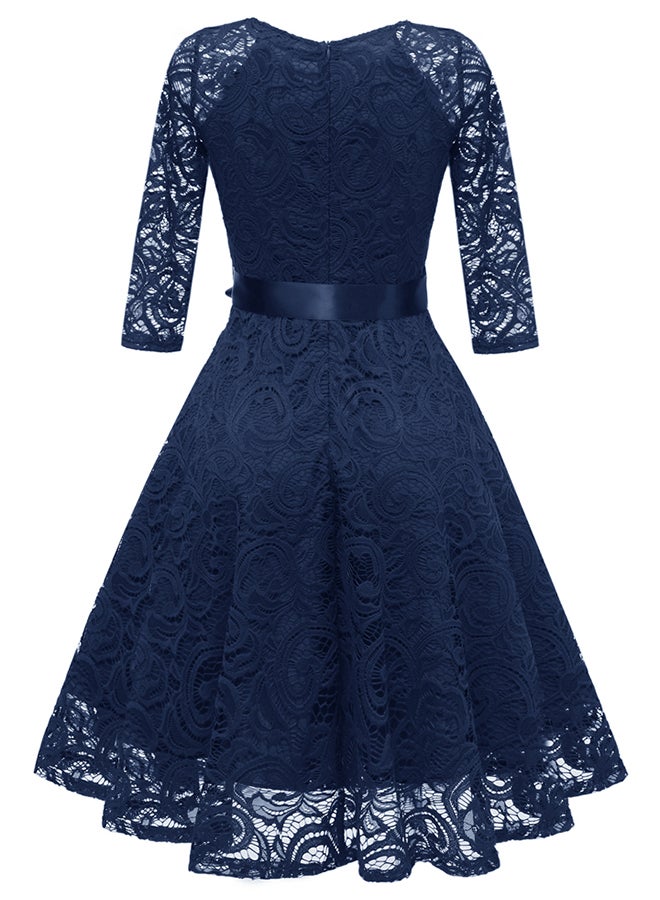Crochet Lace Pleated Dress Dark Blue - Image 2