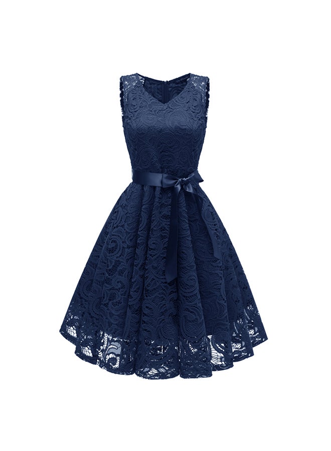 Elegant Women Lace Hallow Out Dress Dark Blue - Image 1
