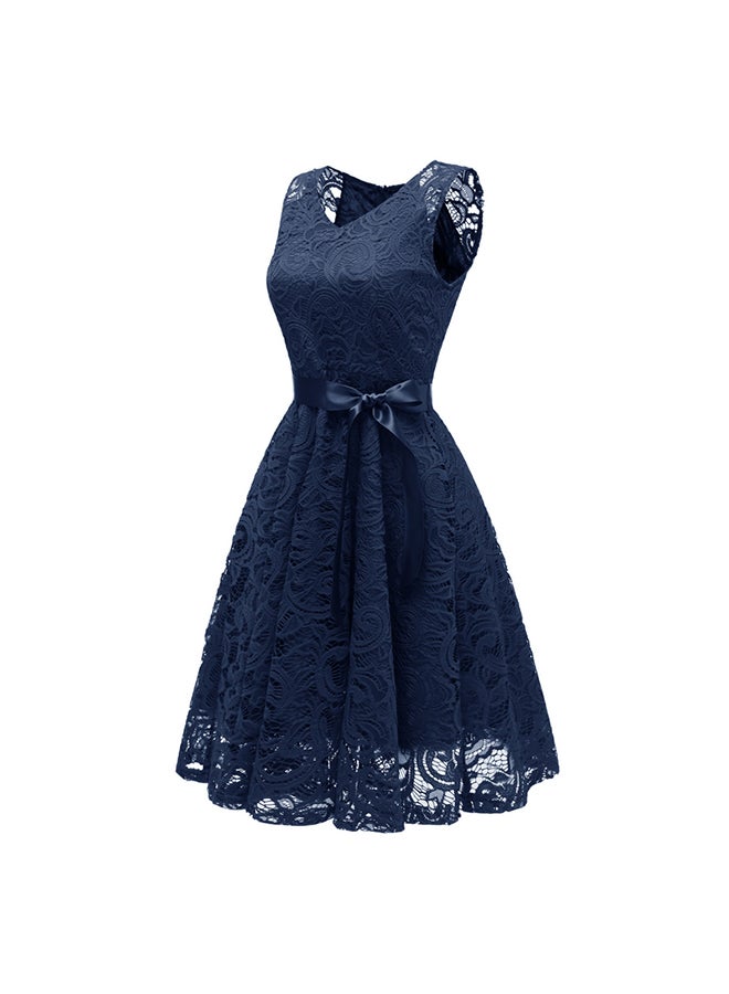Elegant Women Lace Hallow Out Dress Dark Blue - Image 3