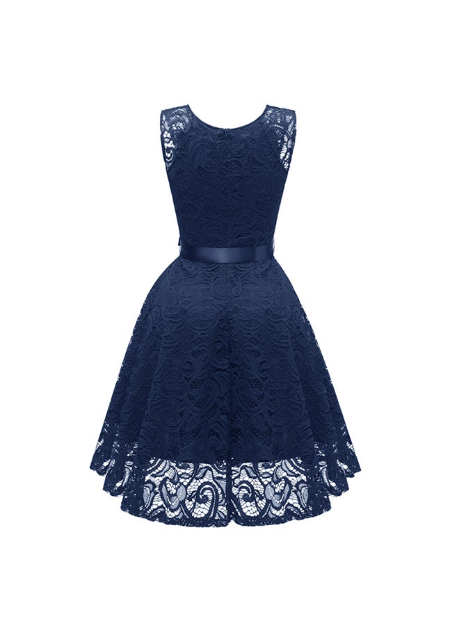 Elegant Women Lace Hallow Out Dress Dark Blue - Image 2