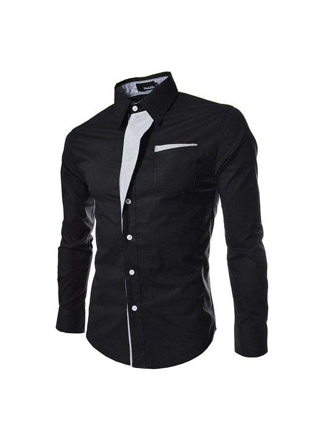 Men Fashion Stripe Pocket Decor Long Sleeve Shirt Black - Image 1