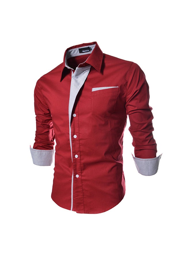 Men Fashion Stripe Pocket Decor Long Sleeve Shirt Red - Image 1