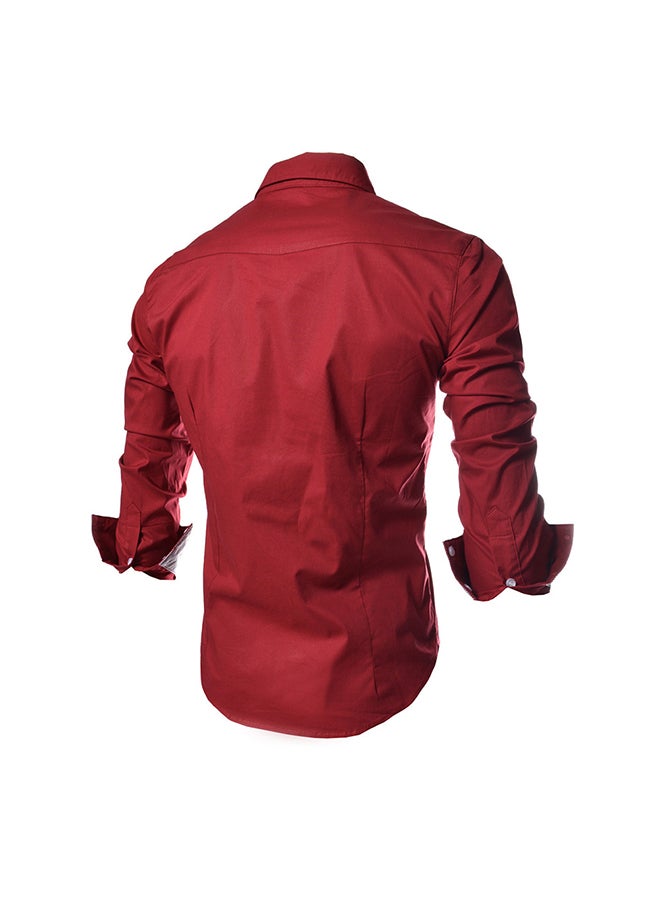 Men Fashion Stripe Pocket Decor Long Sleeve Shirt Red - Image 2