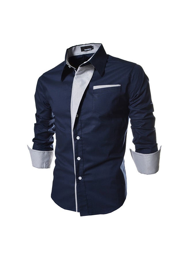 Men Fashion Stripe Pocket Decor Long Sleeve Shirt Blue/White - Image 1