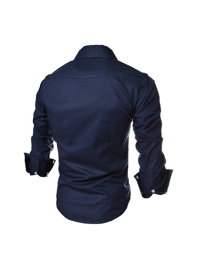 Men Fashion Stripe Pocket Decor Long Sleeve Shirt Blue/White - Image 2