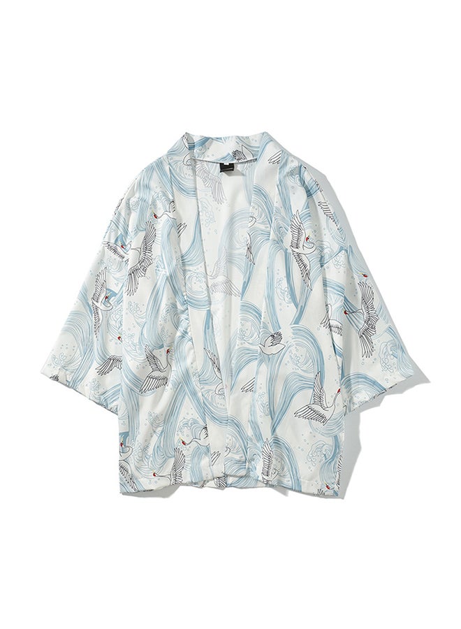 Vintage Kimono Loose Sleeve Cotton Shirt White/Blue  - Image 1