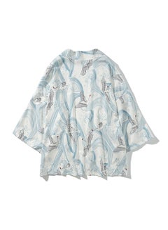 Generic Vintage Kimono Loose Sleeve Cotton Shirt White/Blue  - Image 2
