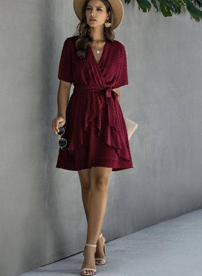 Tie Waist Midi Dress Burgundy  - Image 4