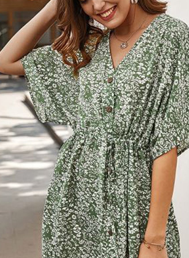 Floral Printed Dress Green/White - Image 3