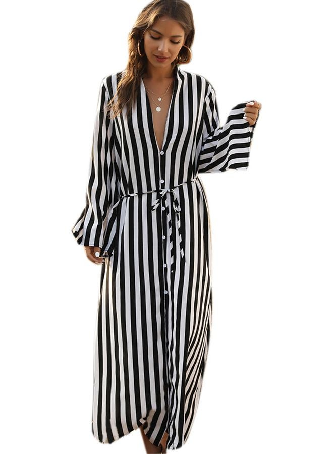 Stripe Pattern Button Detail Maxi Dress Black/White - Image 1