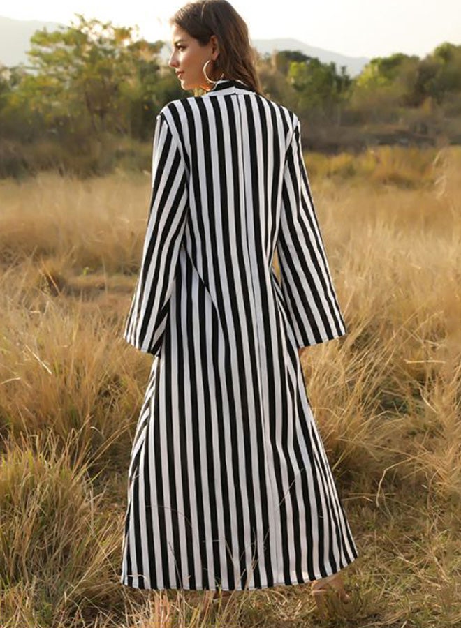 Stripe Pattern Button Detail Maxi Dress Black/White - Image 2