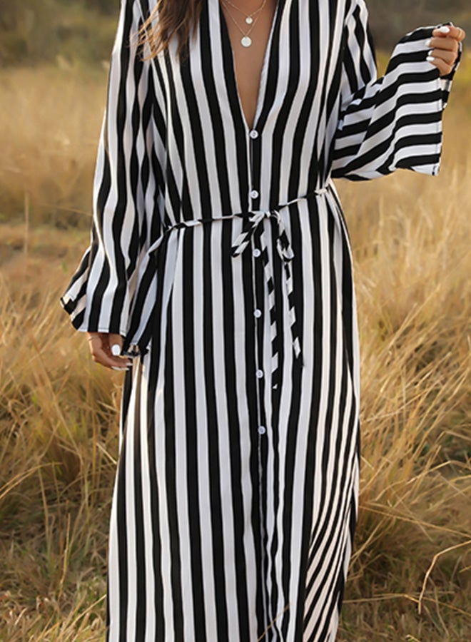 Stripe Pattern Button Detail Maxi Dress Black/White - Image 3