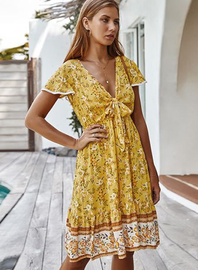 Floral Printed Midi Dress Yellow/White/Brown  - Image 4