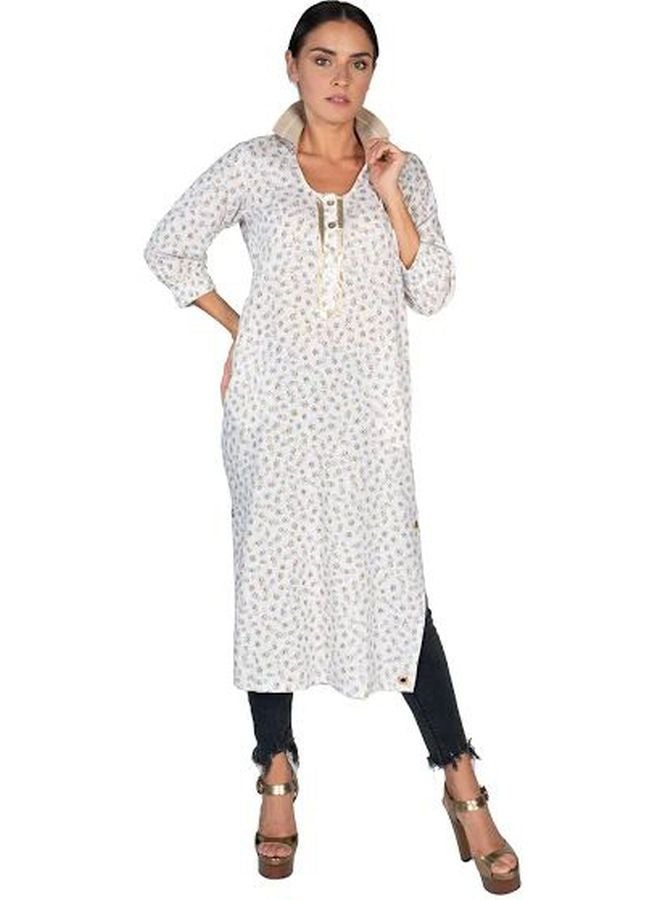 Sana'a Kayum Leaf Printed Kurta White/Brown/Beige  - Image 1