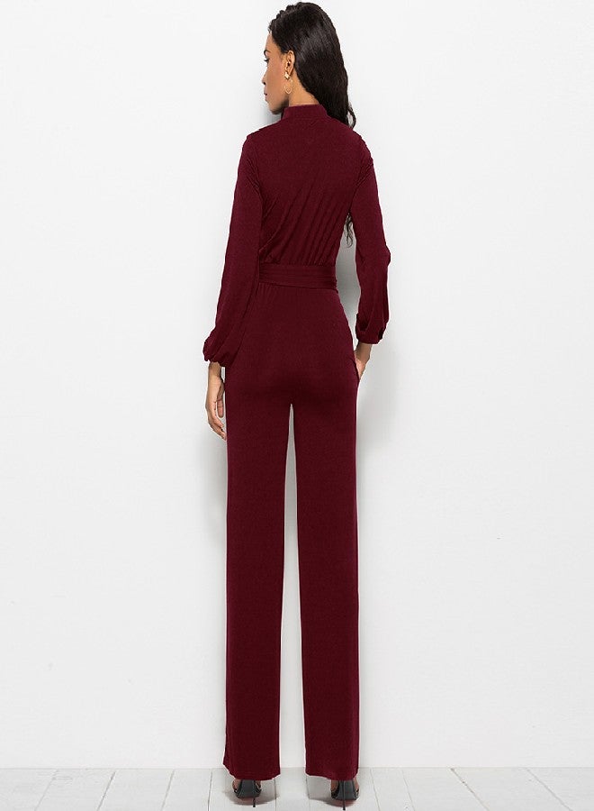 جمبسوت سادة بأكمام طويلة وحِزام بقصة ضيقة خمري - Image 2