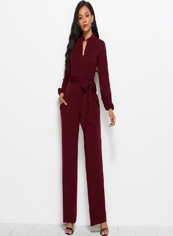 جمبسوت سادة بأكمام طويلة وحِزام بقصة ضيقة خمري - Image 1