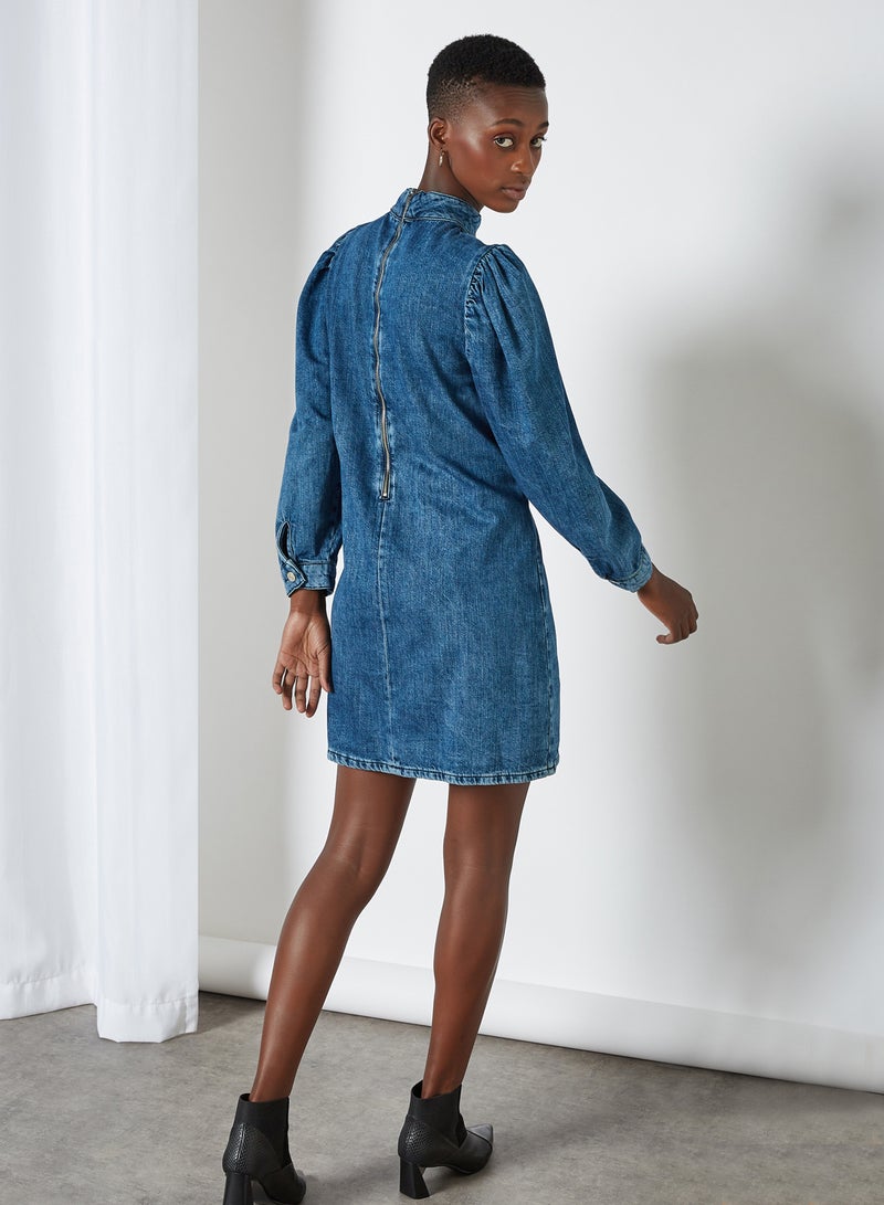 trendyol - High Neck Denim Mini Dress Blue - Image 1