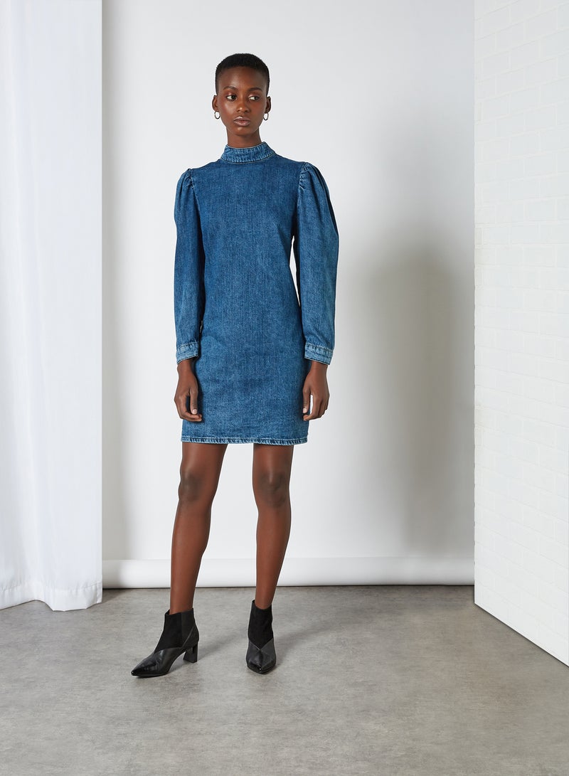 trendyol - High Neck Denim Mini Dress Blue - Image 1
