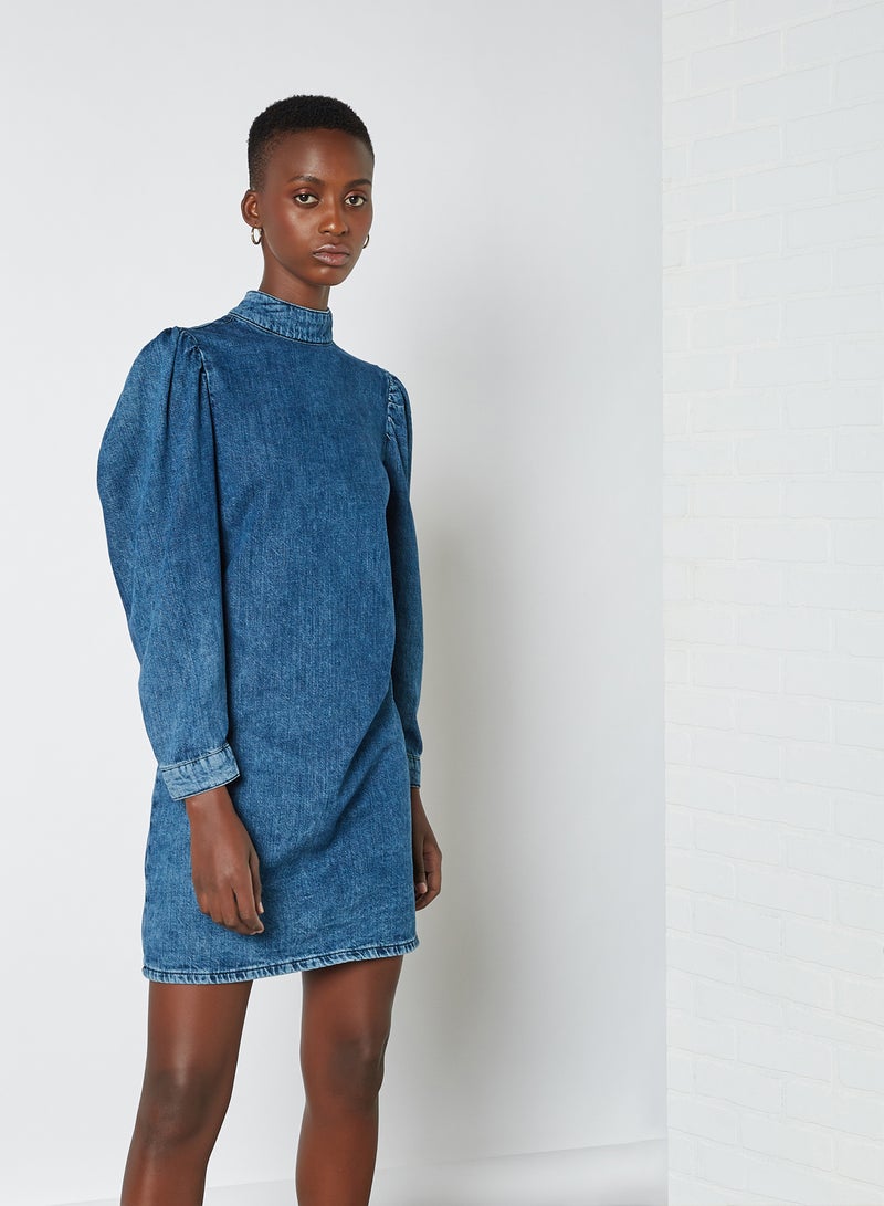 trendyol - High Neck Denim Mini Dress Blue - Image 1