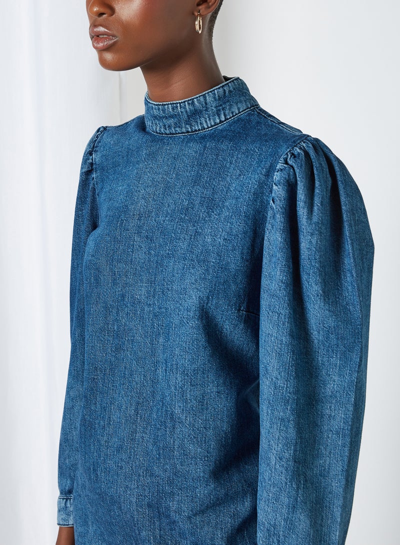 trendyol - High Neck Denim Mini Dress Blue - Image 1