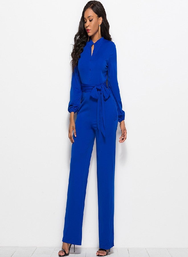 جمبسوت سادة بأكمام طويلة وحزام بقصة ضيقة أزرق كحلي - Image 1