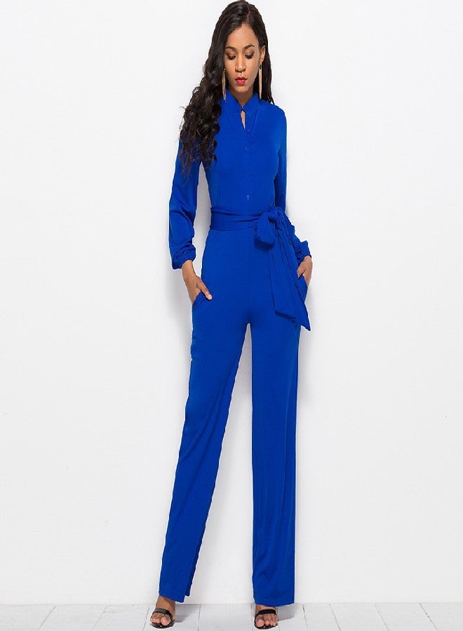 جمبسوت سادة بأكمام طويلة وحزام بقصة ضيقة أزرق كحلي - Image 2