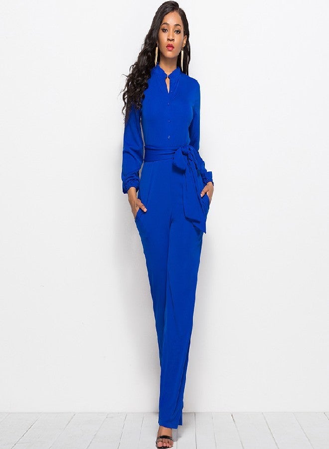 جمبسوت سادة بأكمام طويلة وحزام بقصة ضيقة أزرق كحلي - Image 3