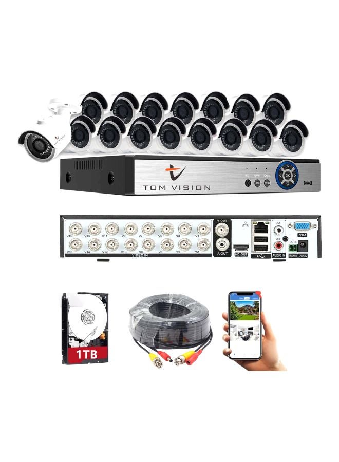 TOMVISION - 34-Piece 5-In-1 2MP Surveillance Bullet Camera With 16-Channel DVR Recorder And HDD Kit - Image 1