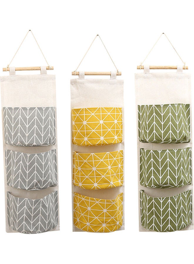 3 Pockets Wall Door Closet Home Hanging Storage Bag Linen Fabric Organizer Pouch Multicolour 67*20cm