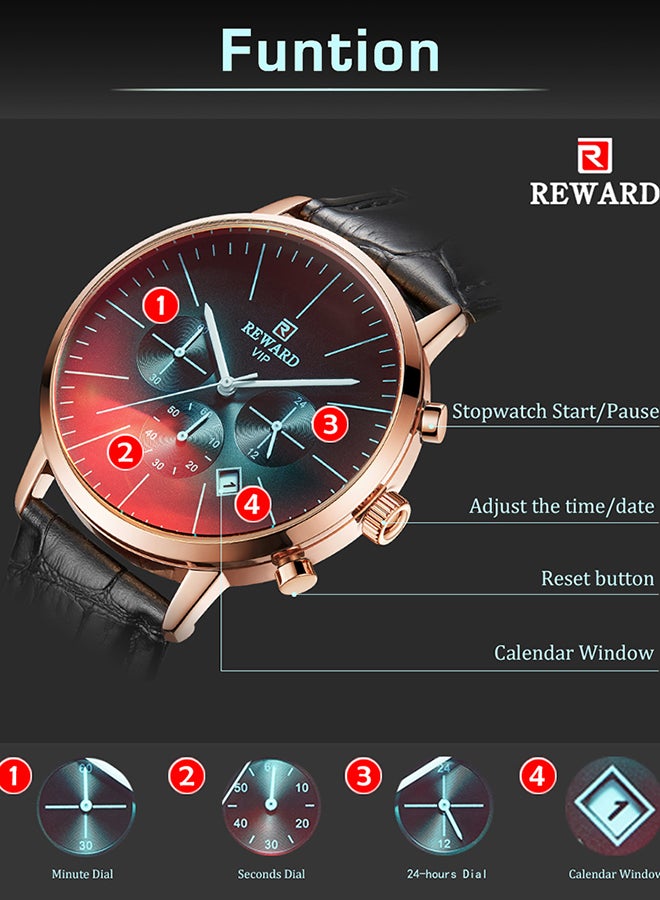 REWARD Men's PU Leather Chronograph Wrist Watch J3882L-RO-KM - 42 mm - Black - Image 3