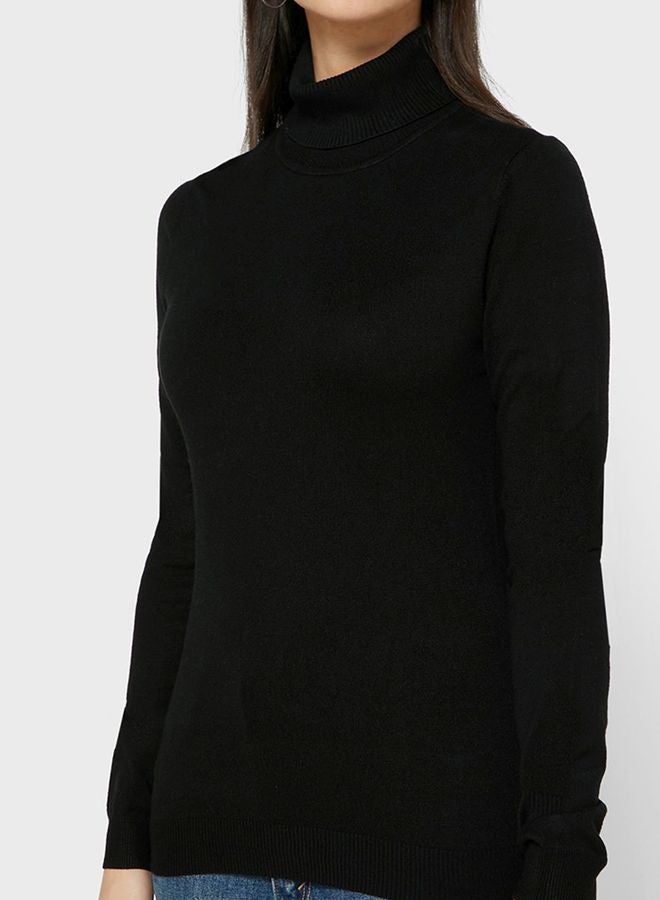 فيرو مودا بلوفر سادة برقبة مطوية أسود - Image 3