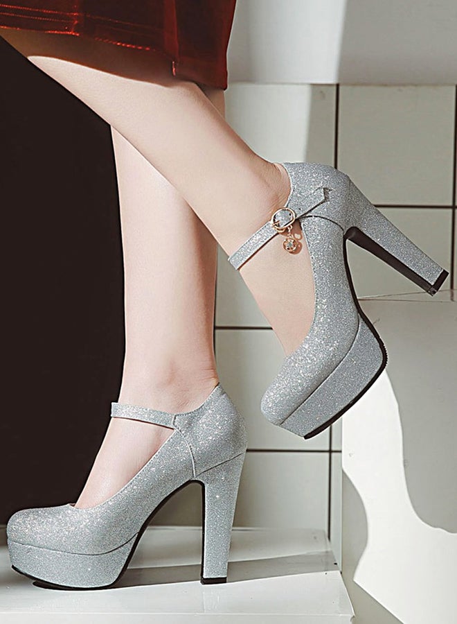 Round Toe Pumps Breathable Elegant Platform Shoes Silver