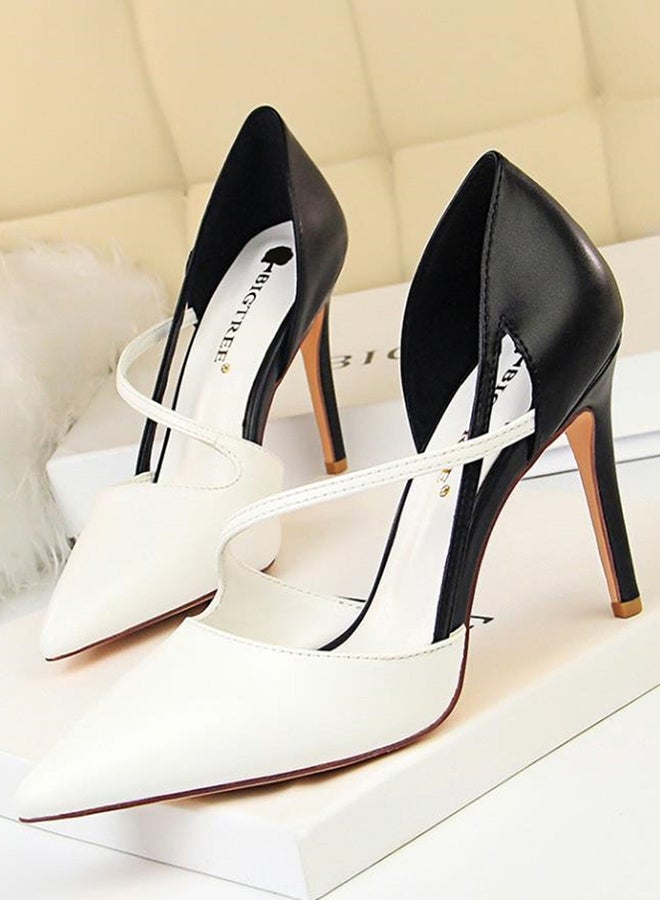 Colour Block Pointed Toe Thin Heel Shoes White/Black - Image 1