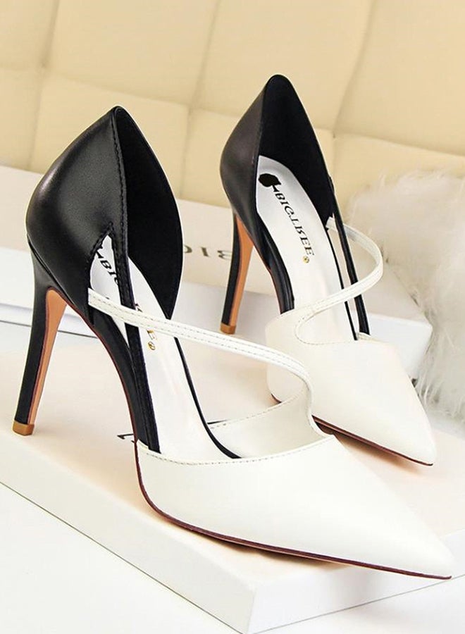 Colour Block Pointed Toe Thin Heel Shoes White/Black - Image 3