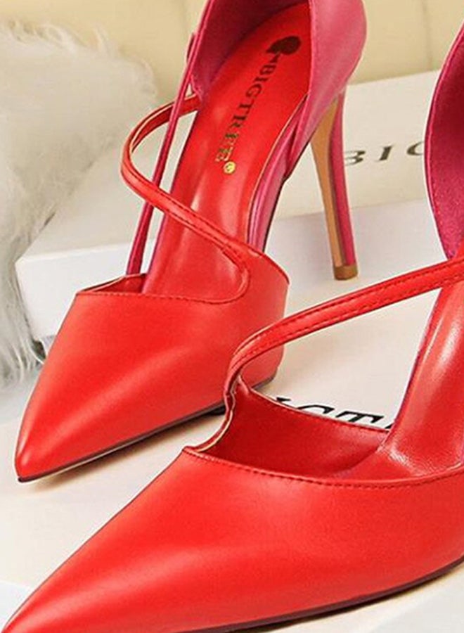 Generic - Colour Block Pointed Toe Thin Heel Shoes Red - Image 1