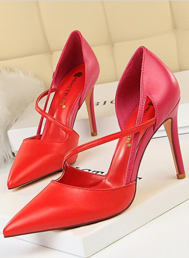 Generic - Colour Block Pointed Toe Thin Heel Shoes Red - Image 1