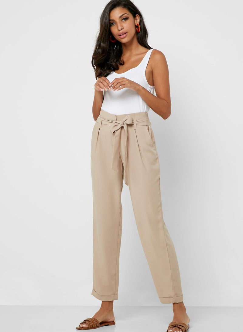 Reserved Belted Ankle Length Pants Beige - Image 1